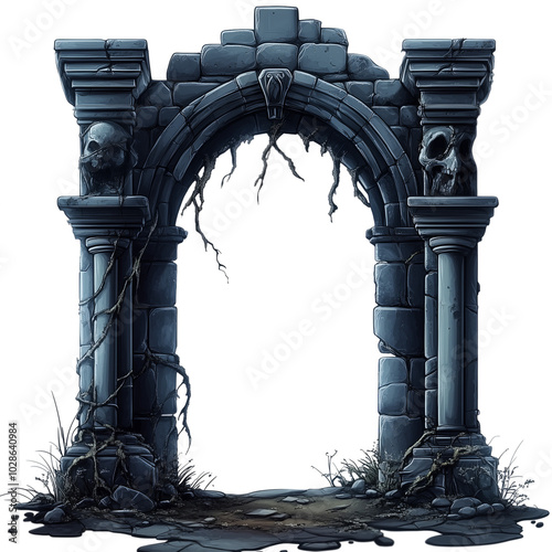 An ancient stone archway with skulls and thorny vines isolated on a transparent background