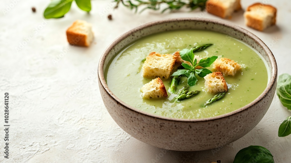 A bowl of creamy asparagus soup with croutons, isolated on a light cream background with elegant botanical flourishes A bowl of creamy asparagus soup with croutons, isolated on a light cream background with elegant botanical flourishes