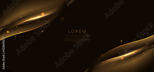 Abstract elegant golden wave on black background with lighting effect and sparkle with copy space for text. Luxury design style.