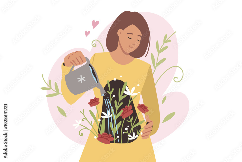Woman demonstrates importance of self-love and care by watering flowers in own soul. Concept of self-love helps balance emotions and achieve psychological health or avoid long-term depression