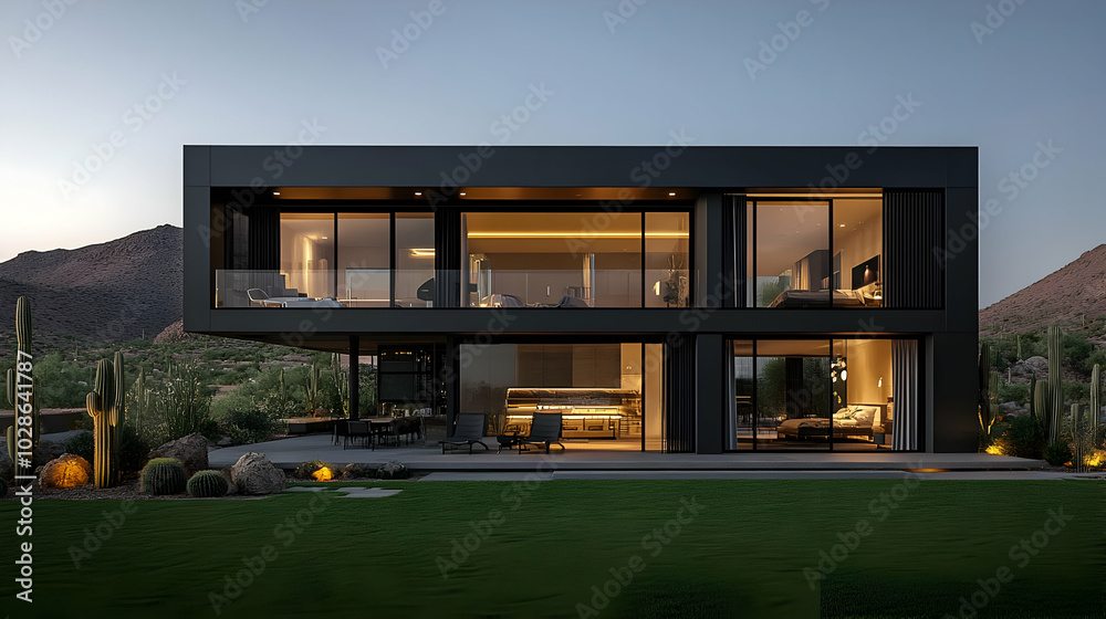 Modern two-story house in a desert landscape at dusk. Modern two-story house in a desert landscape at dusk.