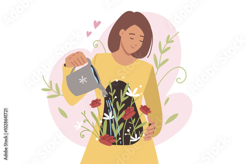 Obraz na płótnie Woman demonstrates importance of self-love and care by watering flowers in own soul. Concept of self-love helps balance emotions and achieve psychological health or avoid long-term depression w salonie