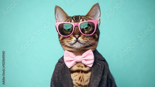 A stylish cat wearing pink glasses and a bow tie, exuding charm and personality against a turquoise background.