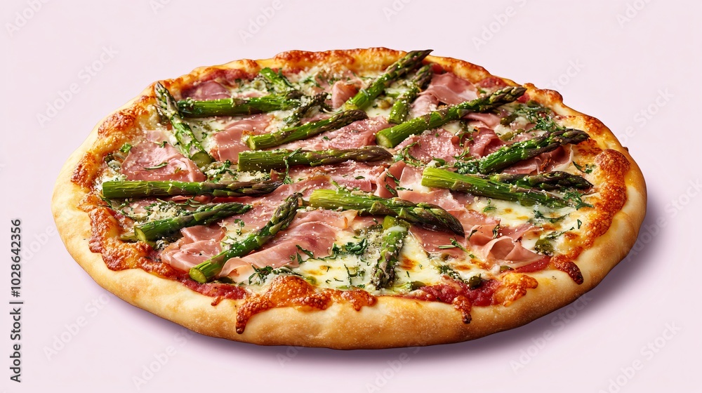 A gourmet asparagus and prosciutto pizza, isolated on a soft lavender background with botanical accents A gourmet asparagus and prosciutto pizza, isolated on a soft lavender background with botanical accents