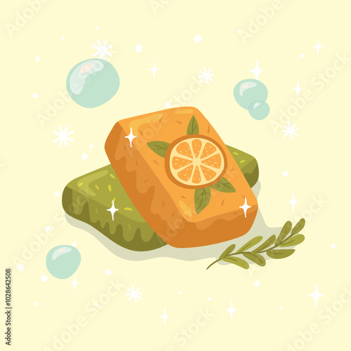 Piece of orange soap with foam, isolated. Vector illustration.