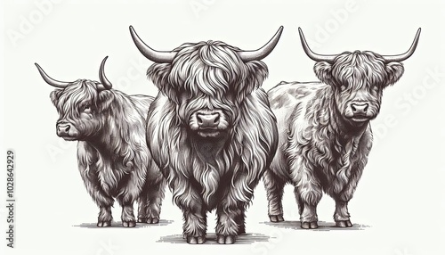 Hand drawn Engraving drawing of highland cattle.