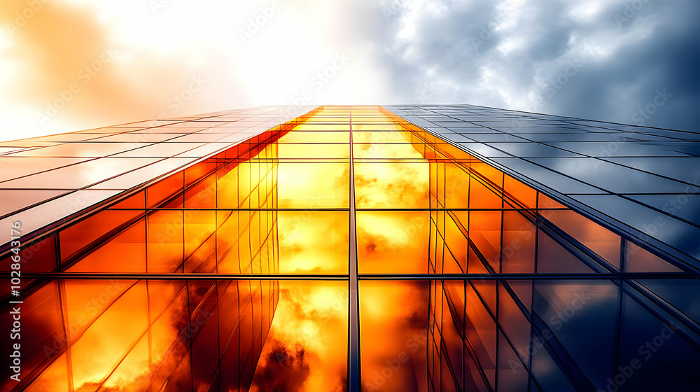 A skyscraper reflecting fiery clouds at sunset. A skyscraper reflecting fiery clouds at sunset.