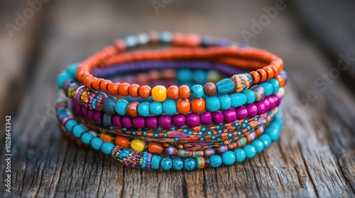 A stack of colorful beaded bracelets, laid out on a rustic wooden table with a bohemian vibe