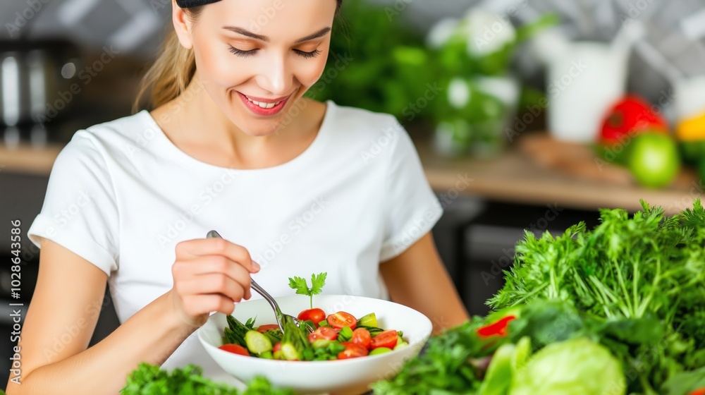 Young woman enjoying fresh salad in kitchen, embracing healthy eating and nutrition. Female preparing a nutritious vegetarian meal with organic vegetables in a home cooking environment Young woman enjoying fresh salad in kitchen, embracing healthy eating and nutrition. Female preparing a nutritious vegetarian meal with organic vegetables in a home cooking environment