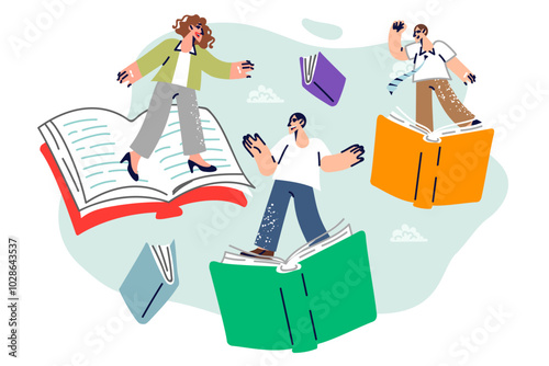Educated men and women fly together on books or textbooks, showing desire to acquire new knowledge