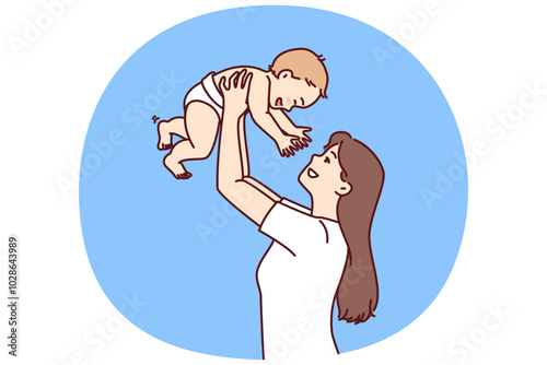 Mother lifts baby above head, rejoicing at birth son and celebrating arrival of new family member. Girl with newborn is happy that has become mother and throws up baby to hear children laughter