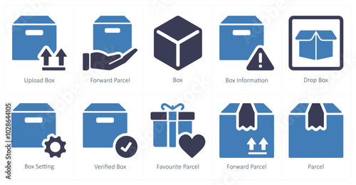 A set of 10 mix icons as upload box, foward parcel, box