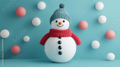 Cheerful snowman decorated with a hat and scarf, against a bright turquoise background with playful colored balls.