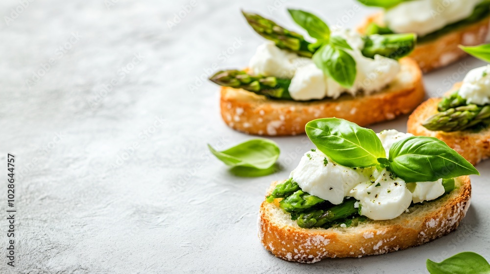 Asparagus and mozzarella crostini, placed on a light gray background with delicate floral decorative elements Asparagus and mozzarella crostini, placed on a light gray background with delicate floral decorative elements