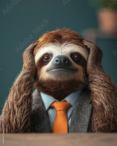 A sloth in a tie and shirt, A charming sloth dressed in a suit, showcasing an amusing expression of surprise and confusion in an office setting.