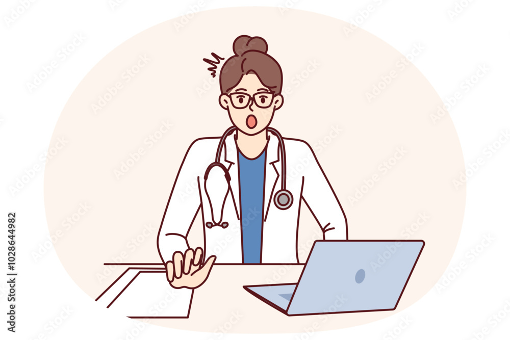 Shocked woman doctor is surprised to see rare disease, sits at table with laptop. Girl doctor with stethoscope, opening mouth looks at screen after learning about symptoms of mysterious disease Shocked woman doctor is surprised to see rare disease, sits at table with laptop. Girl doctor with stethoscope, opening mouth looks at screen after learning about symptoms of mysterious disease