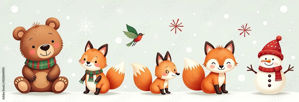 Fototapeta premium Christmas collection with cute animals: bear, fox, squirrel, bird, Santa Claus, Snowman and christmas decorative elements 