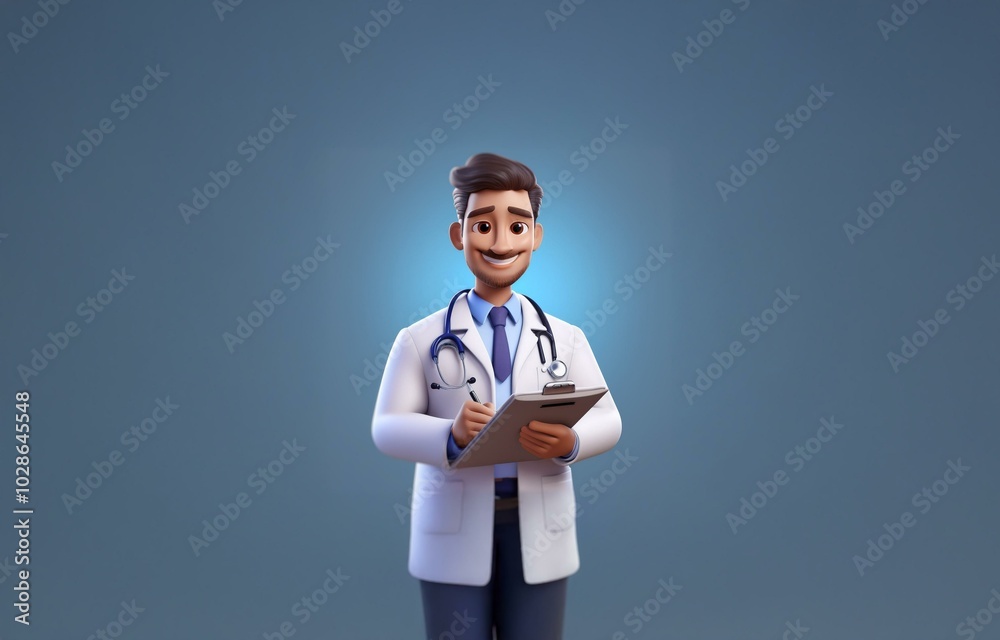 Smiling cartoon doctor in a white lab coat with a stethoscope, holding a clipboard. Smiling cartoon doctor in a white lab coat with a stethoscope, holding a clipboard.