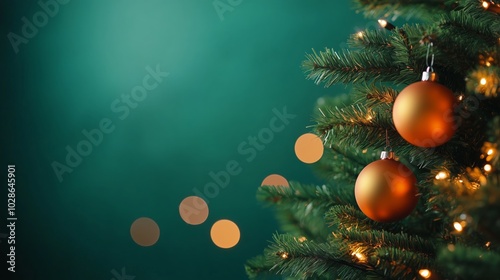 Green background with a close-up of a Christmas tree adorned with glowing ornaments and twinkling lights