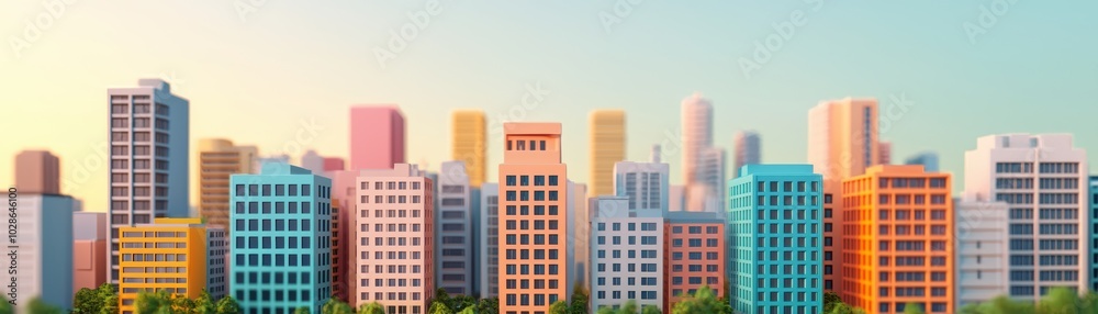 Colorful city skyline with modern buildings under a sunset sky. Colorful city skyline with modern buildings under a sunset sky.