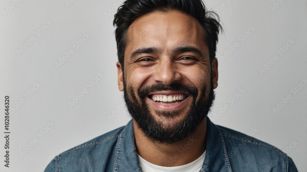 Obraz premium Joyful man with a beard smiles broadly against a neutral background, embodying warmth and friendliness in a casual portrait