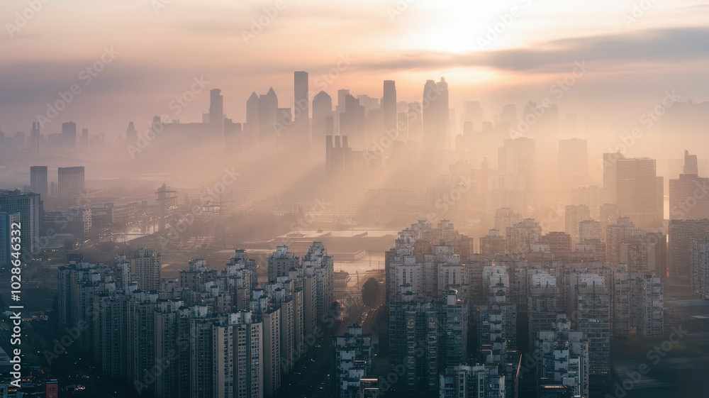 Fototapeta premium stunning city skyline at dawn, shrouded in mist and light