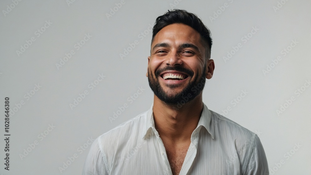 A smiling man in a light-colored shirt exudes joy against a neutral background in a studio setting A smiling man in a light-colored shirt exudes joy against a neutral background in a studio setting