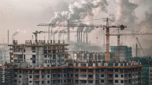 Urban construction site with cranes and smoke from factories