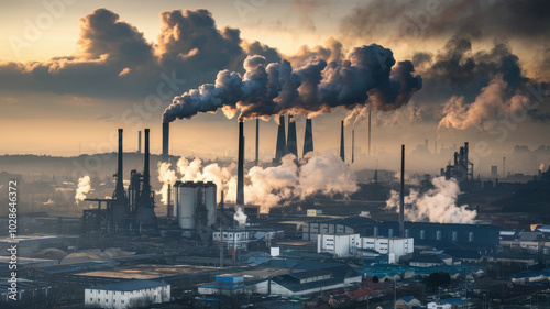 Industrial district with smoke rising from factories, creating dramatic atmosphere photo