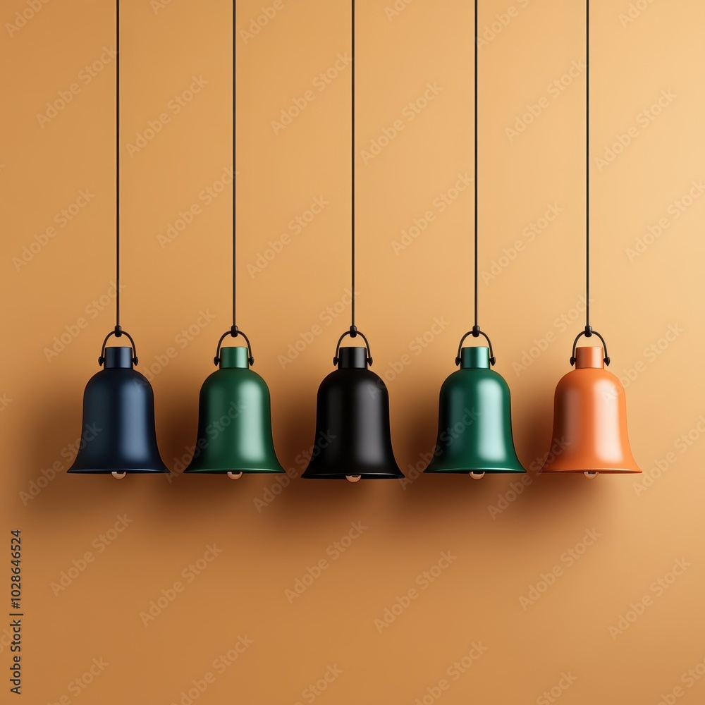 Obraz premium Colorful hanging bells on an orange backdrop