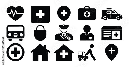 Set of Healthcare and Medicare Service Icons - Ambulance, Heartbeat, and Medical Assistance Symbols