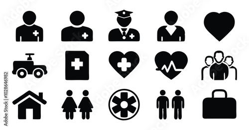 Set of Healthcare and Medicare Service Icons - Ambulance, Heartbeat, and Medical Assistance Symbols