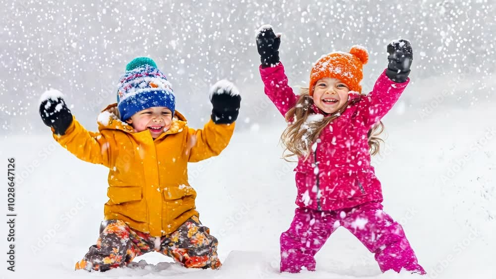 Two happy children in warm winter clothes playing in the snow and smiling.