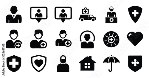 Set of Healthcare and Medicare Service Icons - Ambulance, Heartbeat, and Medical Assistance Symbols