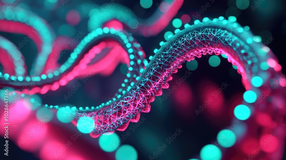 Abstract representation of DNA structure with vibrant colors and glowing effects. Abstract representation of DNA structure with vibrant colors and glowing effects.