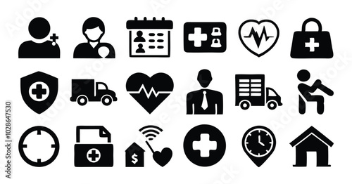 Set of Healthcare and Medicare Service Icons - Ambulance, Heartbeat, and Medical Assistance Symbols