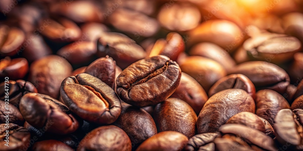 Fototapeta premium Close-up view of roasted coffee beans, showcasing their rich brown hues and intricate textures, with a warm, inviting glow emanating from the depths of the beans.
