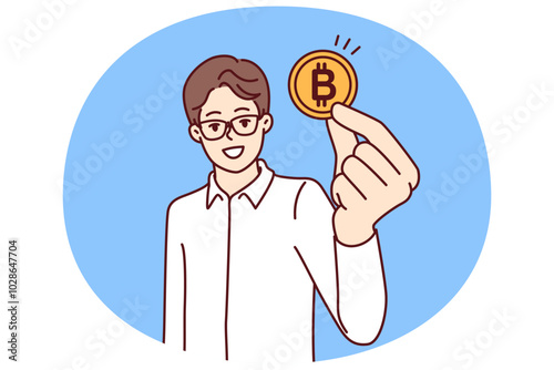 Man trader with bitcoin coin calls for mining or investing in cryptocurrency and blockchain technology. Guy in glasses and formal wear recommends buying bitcoin money for anonymous or secure payments