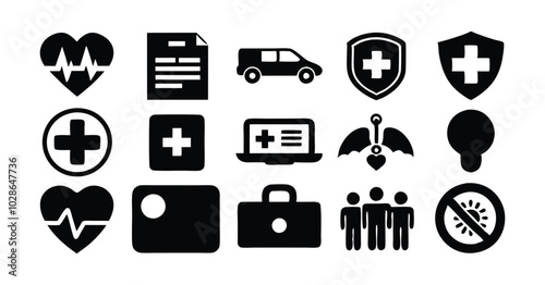 Set of Healthcare and Medicare Service Icons - Ambulance, Heartbeat, and Medical Assistance Symbols