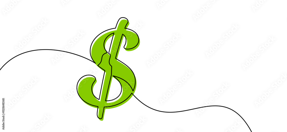 Obraz premium A green dollar symbol integrated with flowing line art, symbolizing finance and growth. Vector illustration.