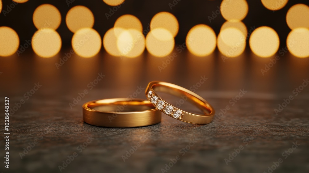 Elegant gold wedding rings with sparkle on a blurred bokeh background, symbolizing love and commitment. Elegant gold wedding rings with sparkle on a blurred bokeh background, symbolizing love and commitment.