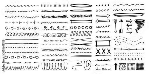 Scribbles and doodles in black line, abstract freehand drawing, design elements and decorative stickers, arrows, lines, curves. Frames and borders. Vector art.