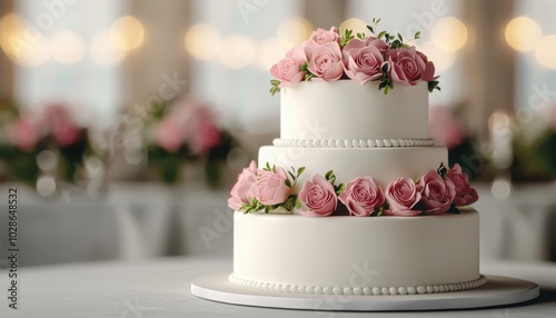 Elegant three-tiered wedding cake adorned with pink roses, perfect for celebrations. photo