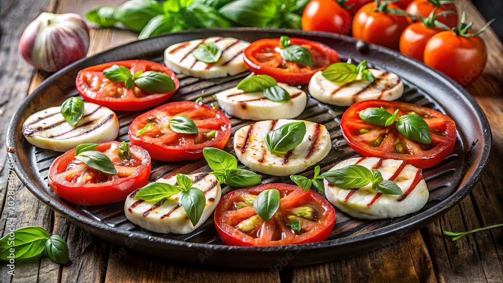 A Rustic Plate of Grilled Tomato, Basil, and Cheese Slices on a Wooden Table A Rustic Plate of Grilled Tomato, Basil, and Cheese Slices on a Wooden Table