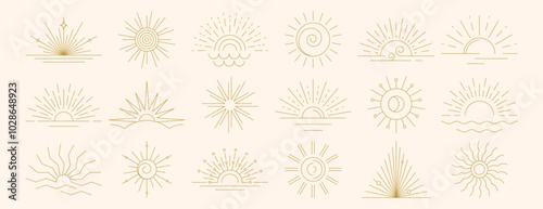 Vector set of linear boho sunrise logo, sunset symbols and sun rays. Hand drawn sunburst, golden outline sunbeam line icons in minimal bohemian style. Mystic magic esoteric design elements collection