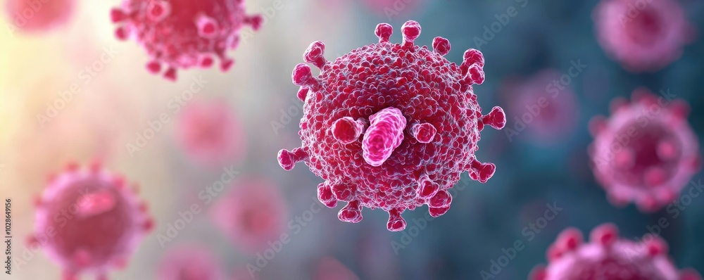 Colorful digital illustration of a virus on a blurred background. Colorful digital illustration of a virus on a blurred background.