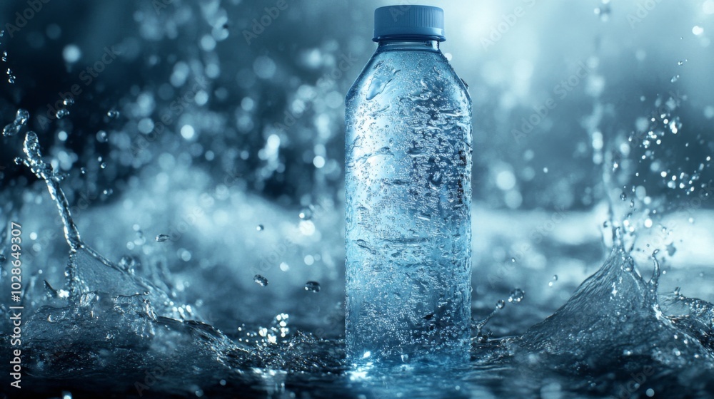A bottle of water with water splashing around it. A bottle of water with water splashing around it.