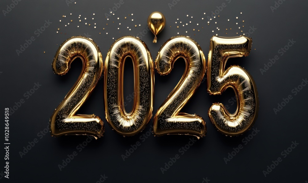 Golden 2025 balloon numbers with glittering confetti on dark background for New Year celebration Golden 2025 balloon numbers with glittering confetti on dark background for New Year celebration