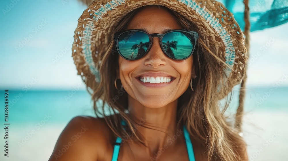 A woman at the beach, glowing with a bright smile beneath her straw hat and sunglasses, enjoying the sunny weather and serene ocean backdrop, captures blissful moments. A woman at the beach, glowing with a bright smile beneath her straw hat and sunglasses, enjoying the sunny weather and serene ocean backdrop, captures blissful moments.