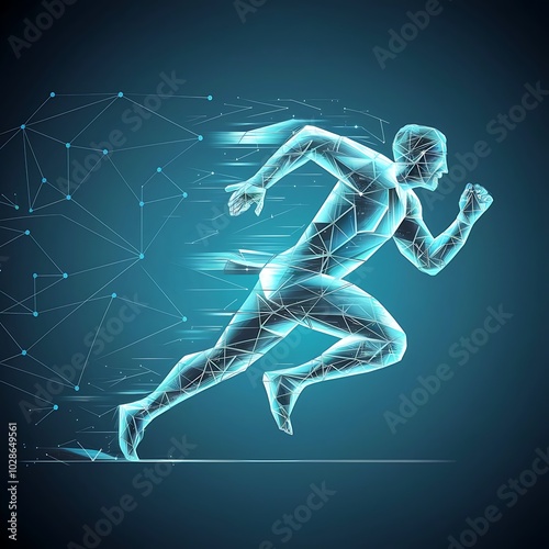 Abstract running man form lines and triangles, point connecting network on blue background. Illustration vector